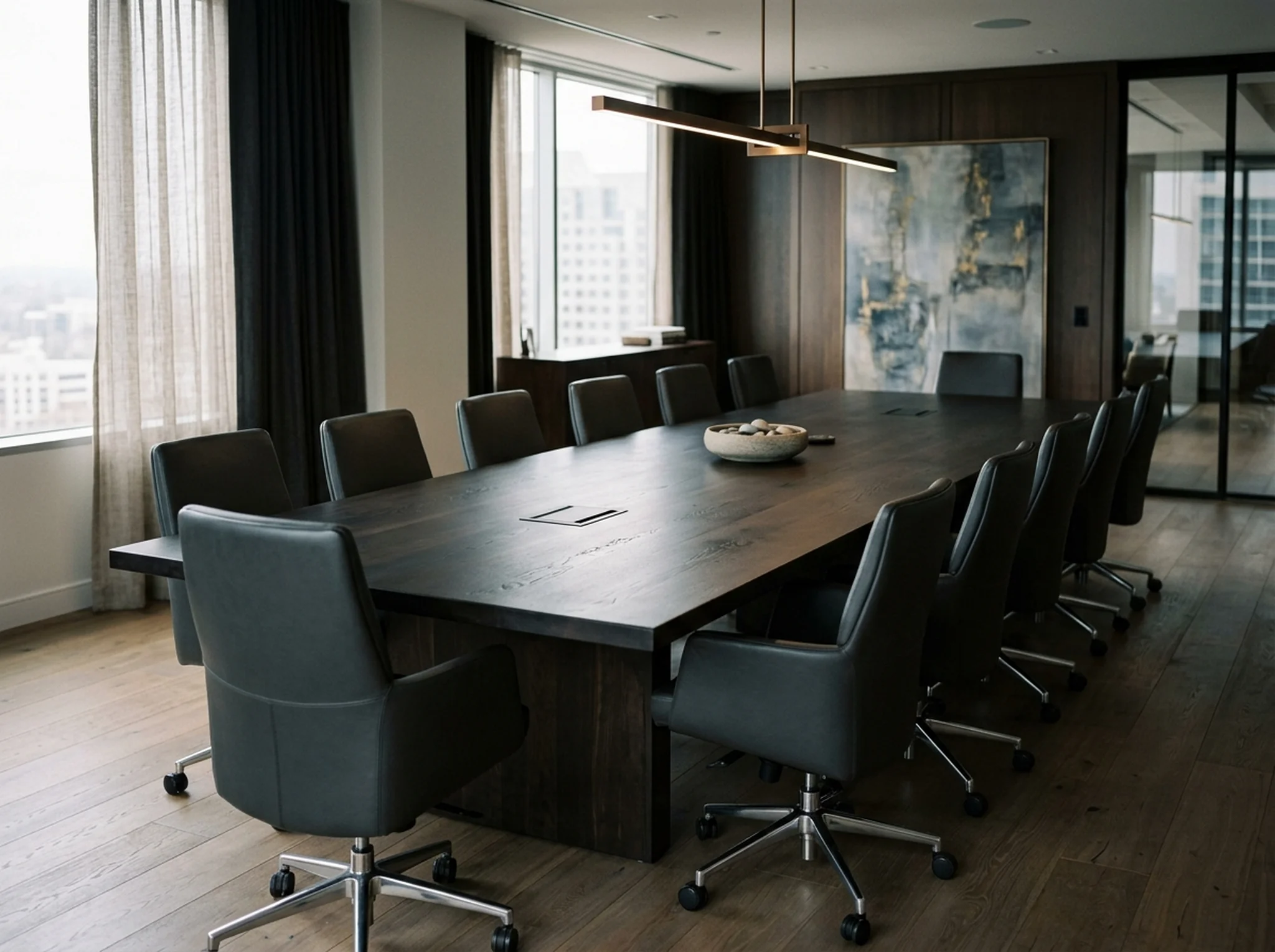 14-foot Black Walnut Rubio Black conference table for fourteen in a moody quietly luxurious law firm boardroom — Fargo Woodworks