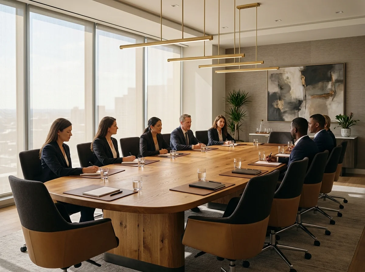 16-person racetrack White Oak conference table with rounded ends in a corporate boardroom — Fargo Woodworks