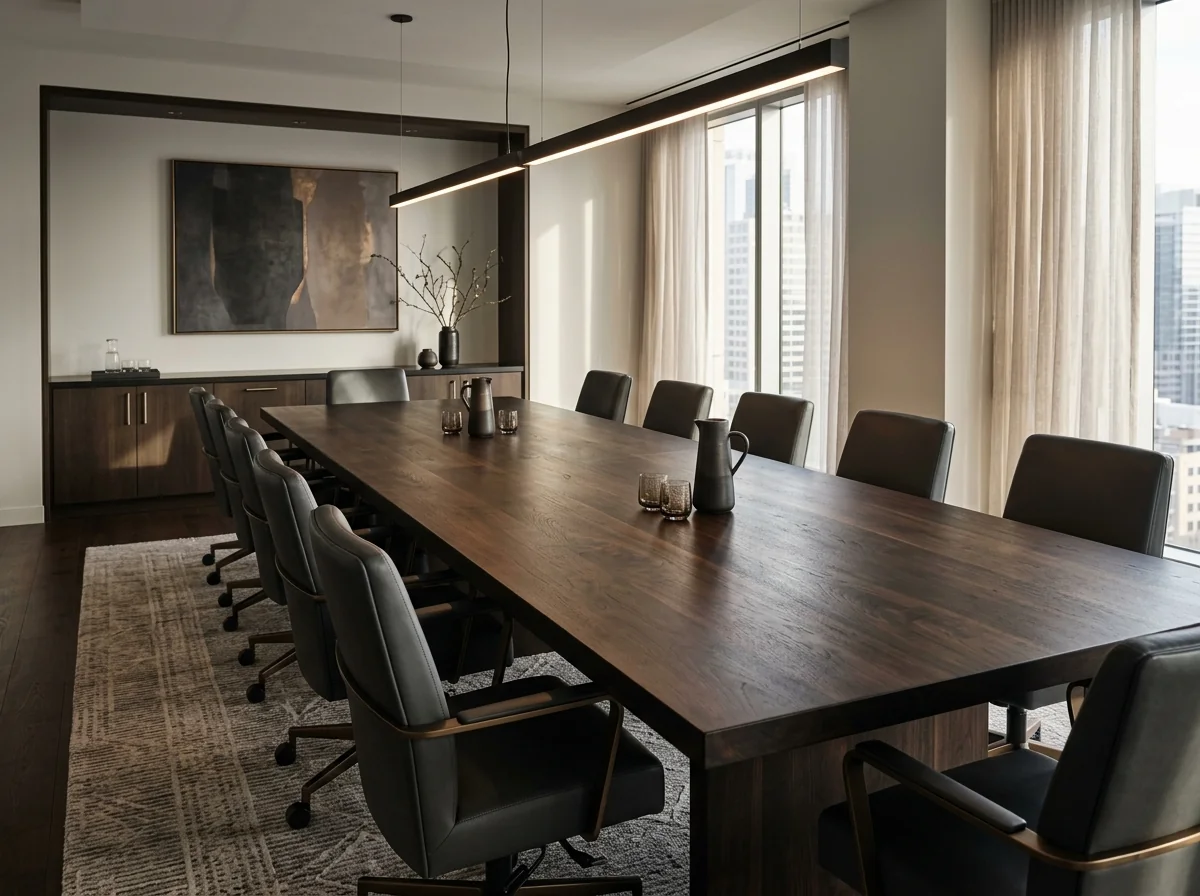 20-foot Black Walnut Rubio Black conference table in a moody executive boardroom with leather captains' chairs — Fargo Woodworks