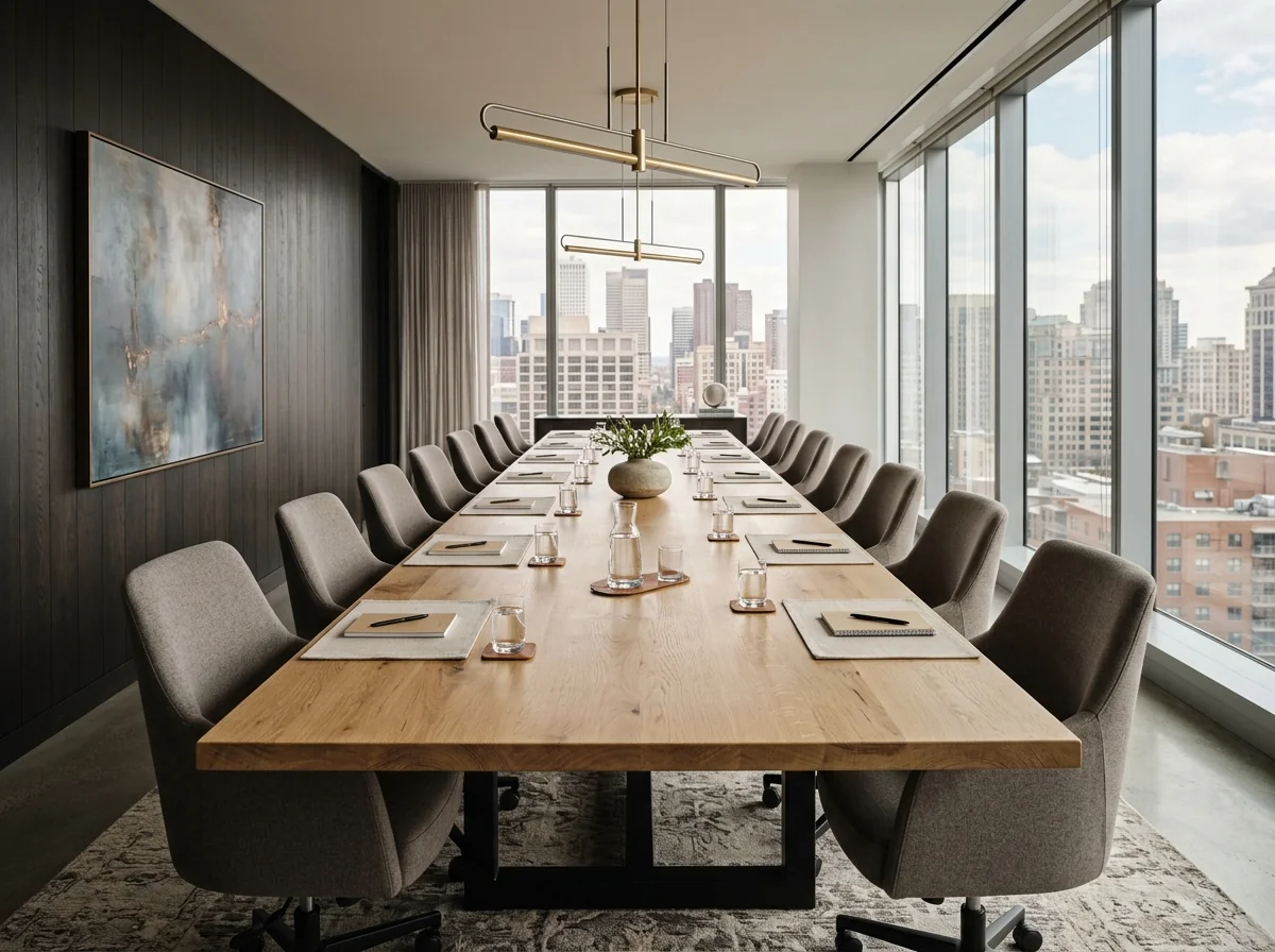 20-foot White Oak Rubio Natural conference table with steel painted black legs and twenty upholstered chairs — Fargo Woodworks