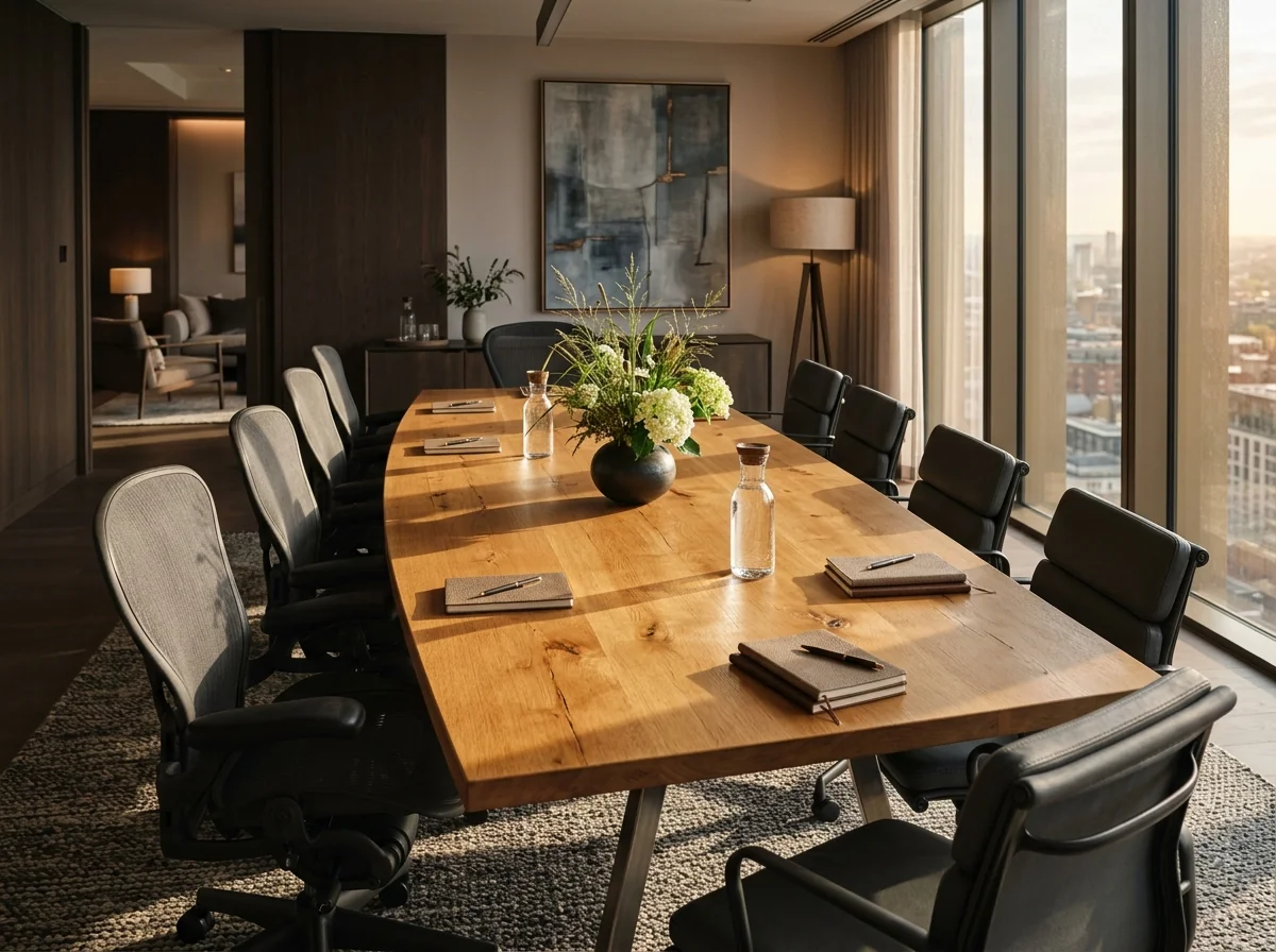 20-person White Oak conference table with sleek trapezoid steel legs in a modern corporate boardroom — Fargo Woodworks