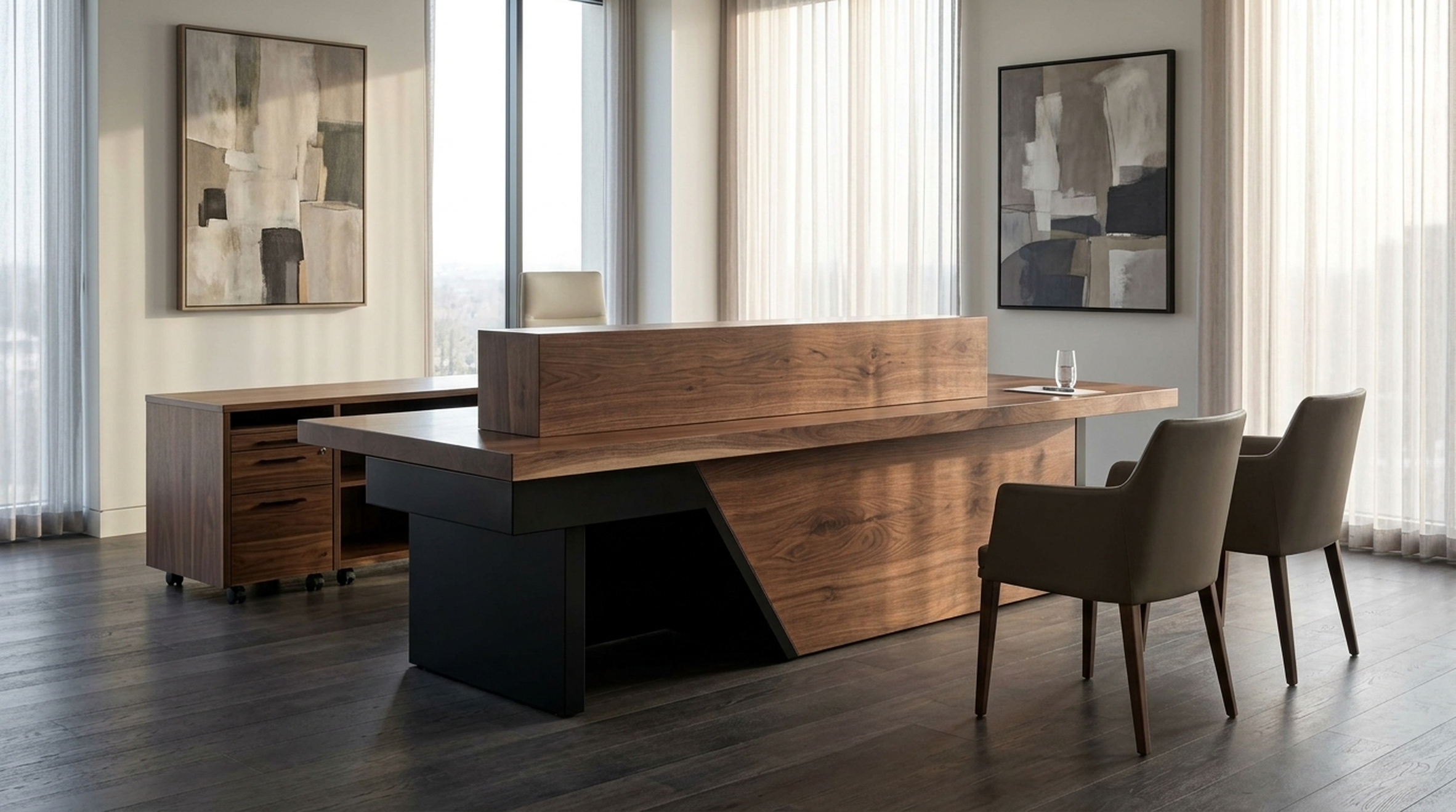 The Apex solid walnut reception desk in an executive office setting — Fargo Woodworks