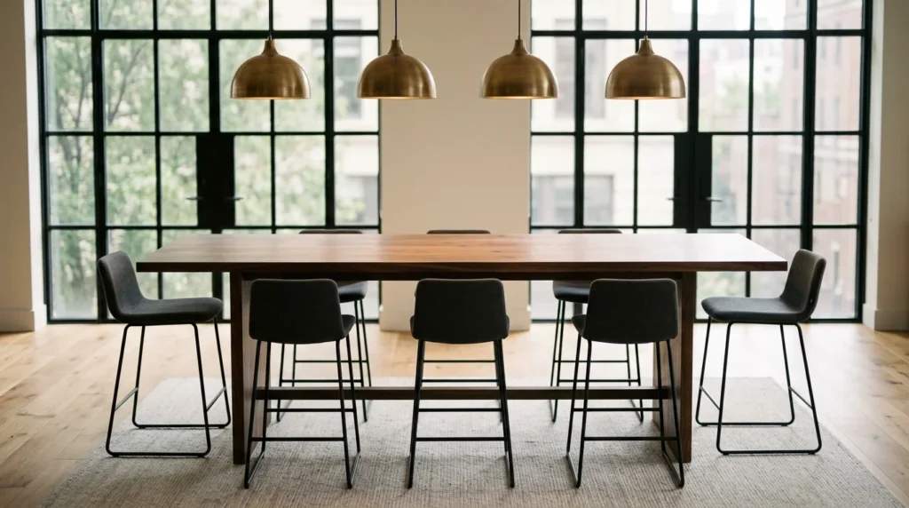 Bar-height Black Walnut conference table in a modern collaborative meeting space with bar stools — Fargo Woodworks