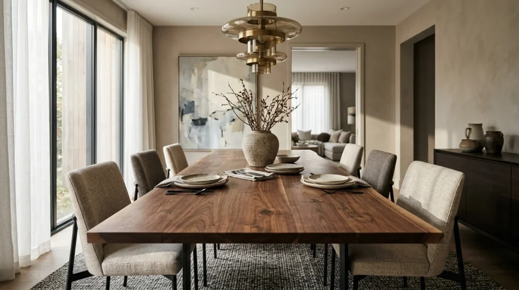 Beautiful handcrafted Black Walnut dining table for eight in a quietly luxurious dining room — Fargo Woodworks