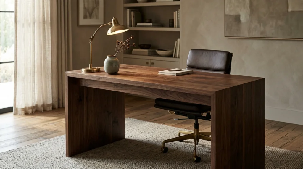 Beautiful solid Black Walnut desk in a sunlit refined home office with leather chair and brass task lamp — Fargo Woodworks