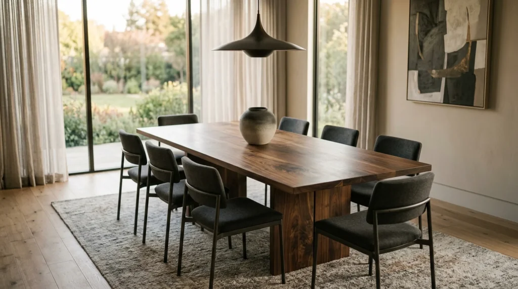 Beautiful solid Black Walnut dining table for eight in a refined modern dining room — Fargo Woodworks