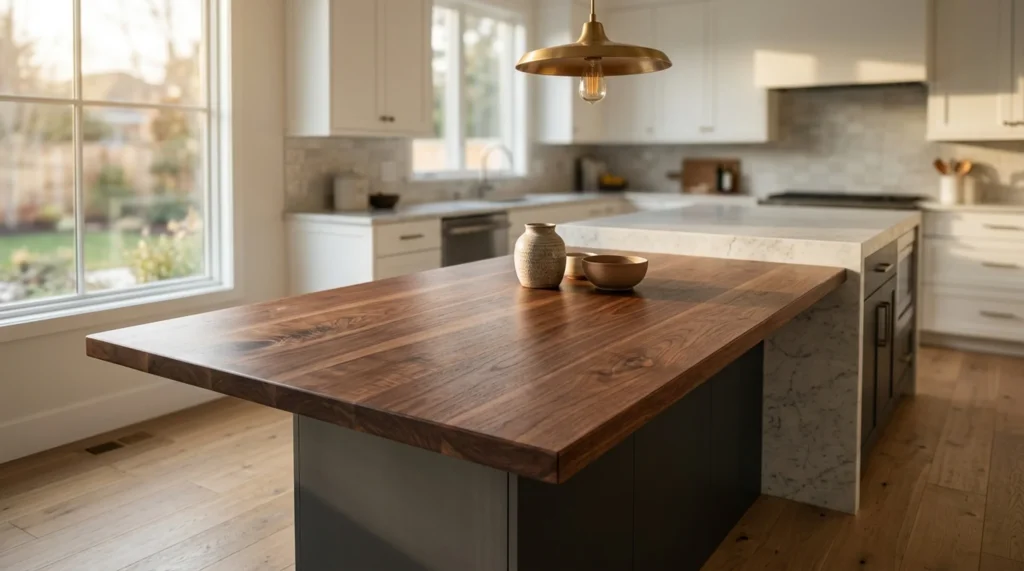 Beautifully crafted solid Black Walnut butcher block countertop installed in a sunlit modern kitchen — Fargo Woodworks