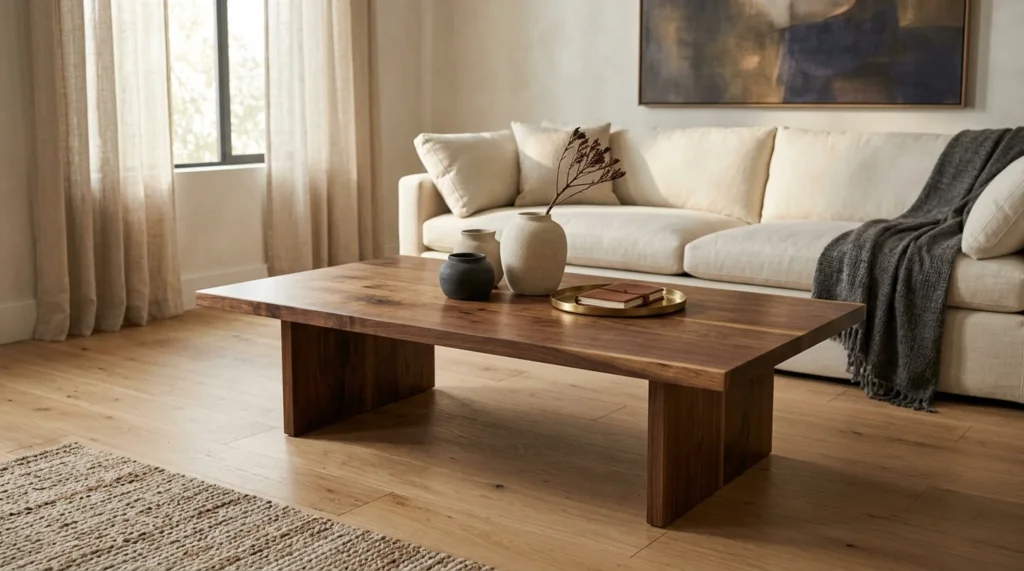 Beautifully handcrafted Black Walnut coffee table in a refined modern living room — Fargo Woodworks