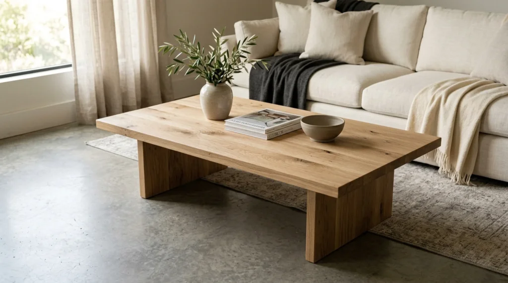 Beautifully handcrafted White Oak Rubio Natural coffee table in a sun-flooded contemporary living room — Fargo Woodworks