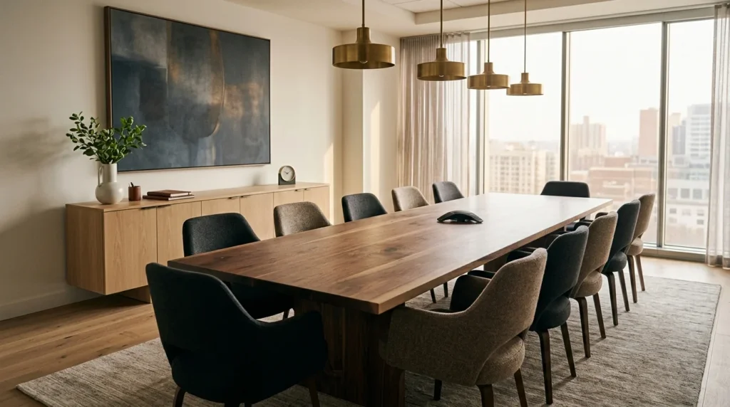 Beautifully outfitted commercial office with a Black Walnut conference table and White Oak credenza — Fargo Woodworks