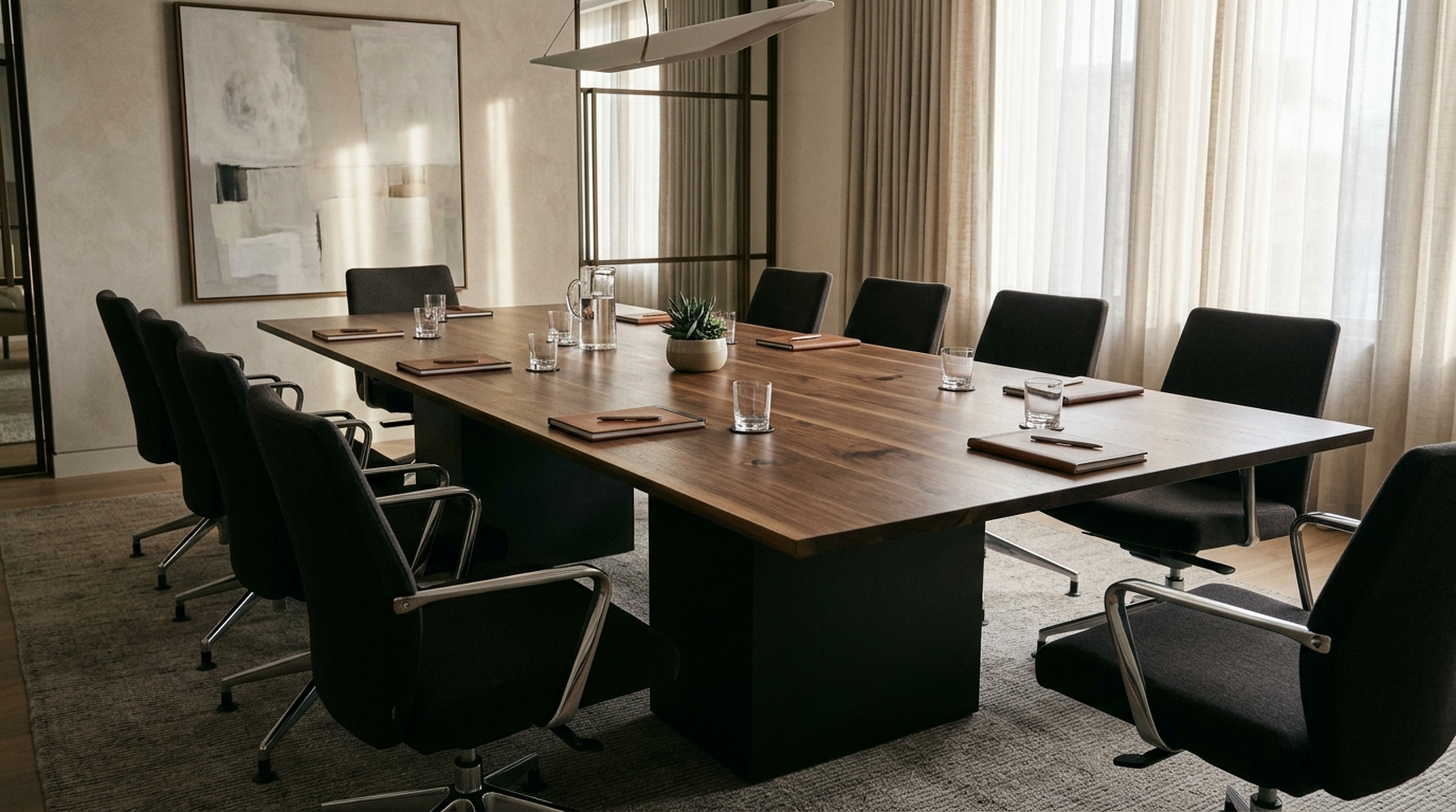 The Bennett solid walnut conference table in a modern boardroom — Fargo Woodworks