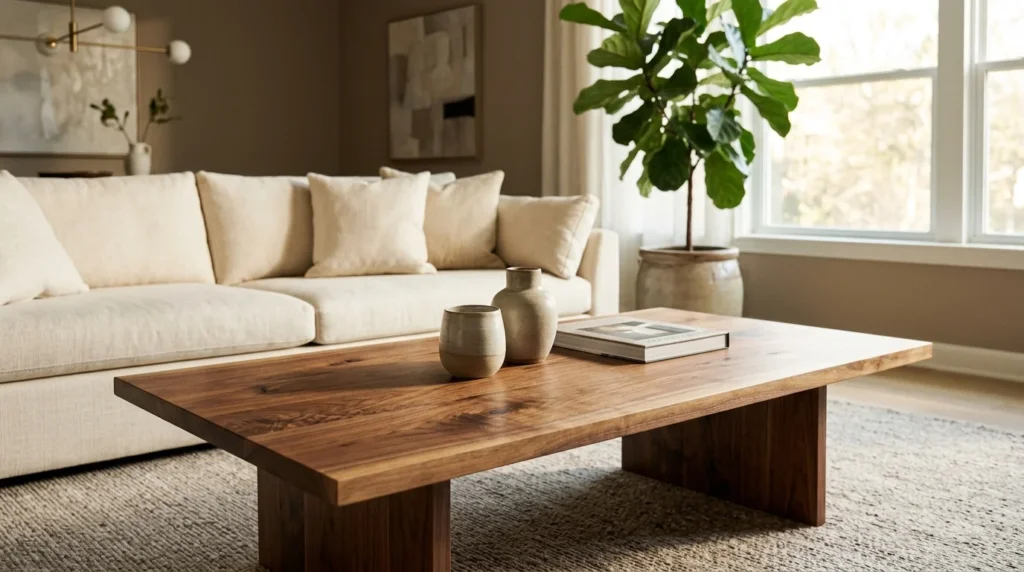 Black Walnut coffee table in a refined modern living room with cream linen sofa — Fargo Woodworks