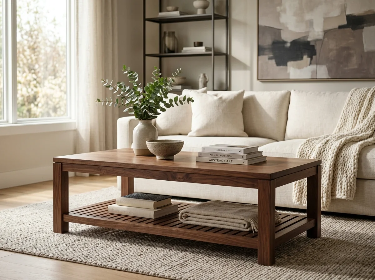 Black Walnut coffee table in a refined modern living room with cream linen sofa — Fargo Woodworks