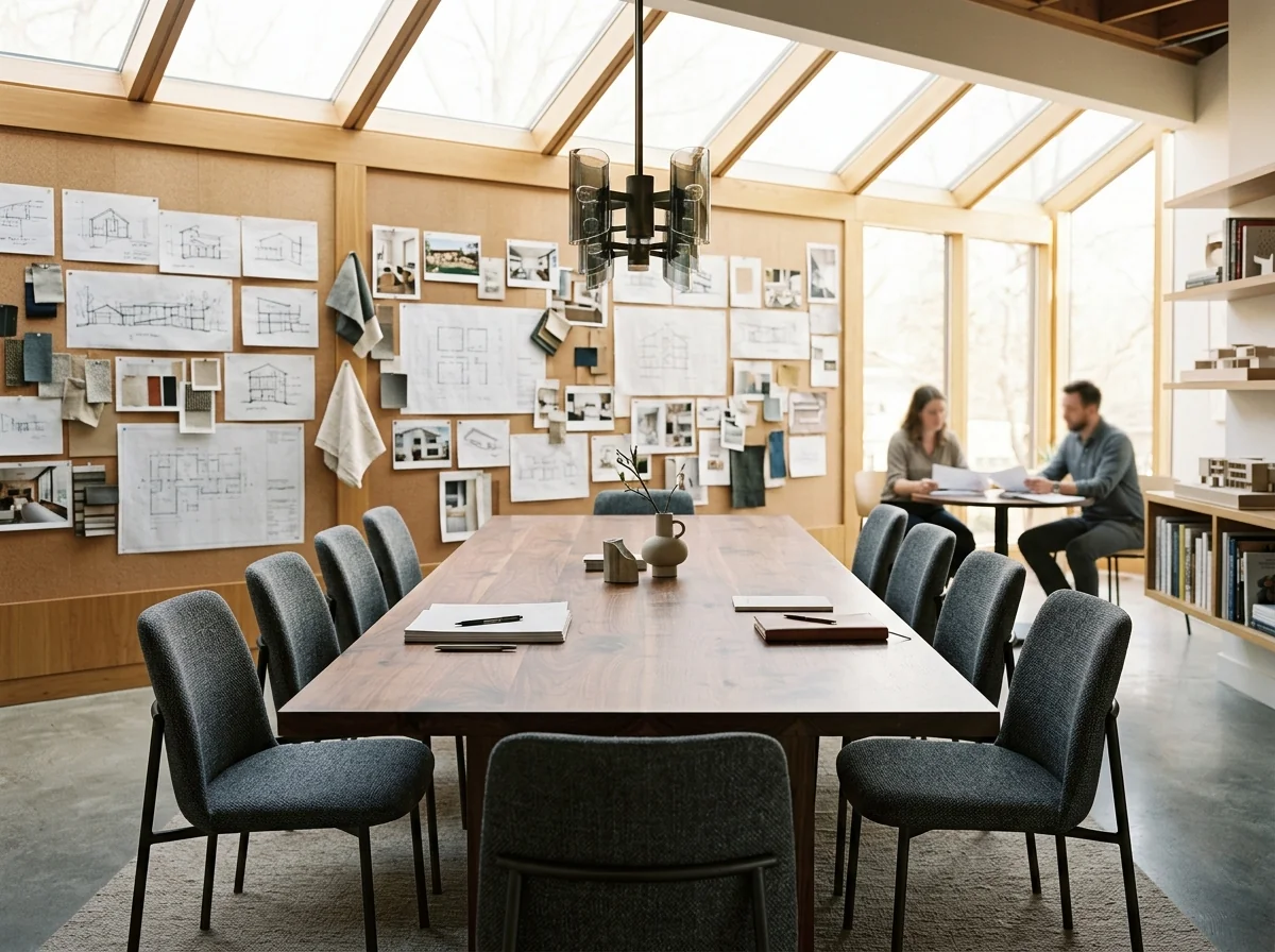 Black Walnut conference table for ten in a design studio with sculptural pendant overhead — Fargo Woodworks