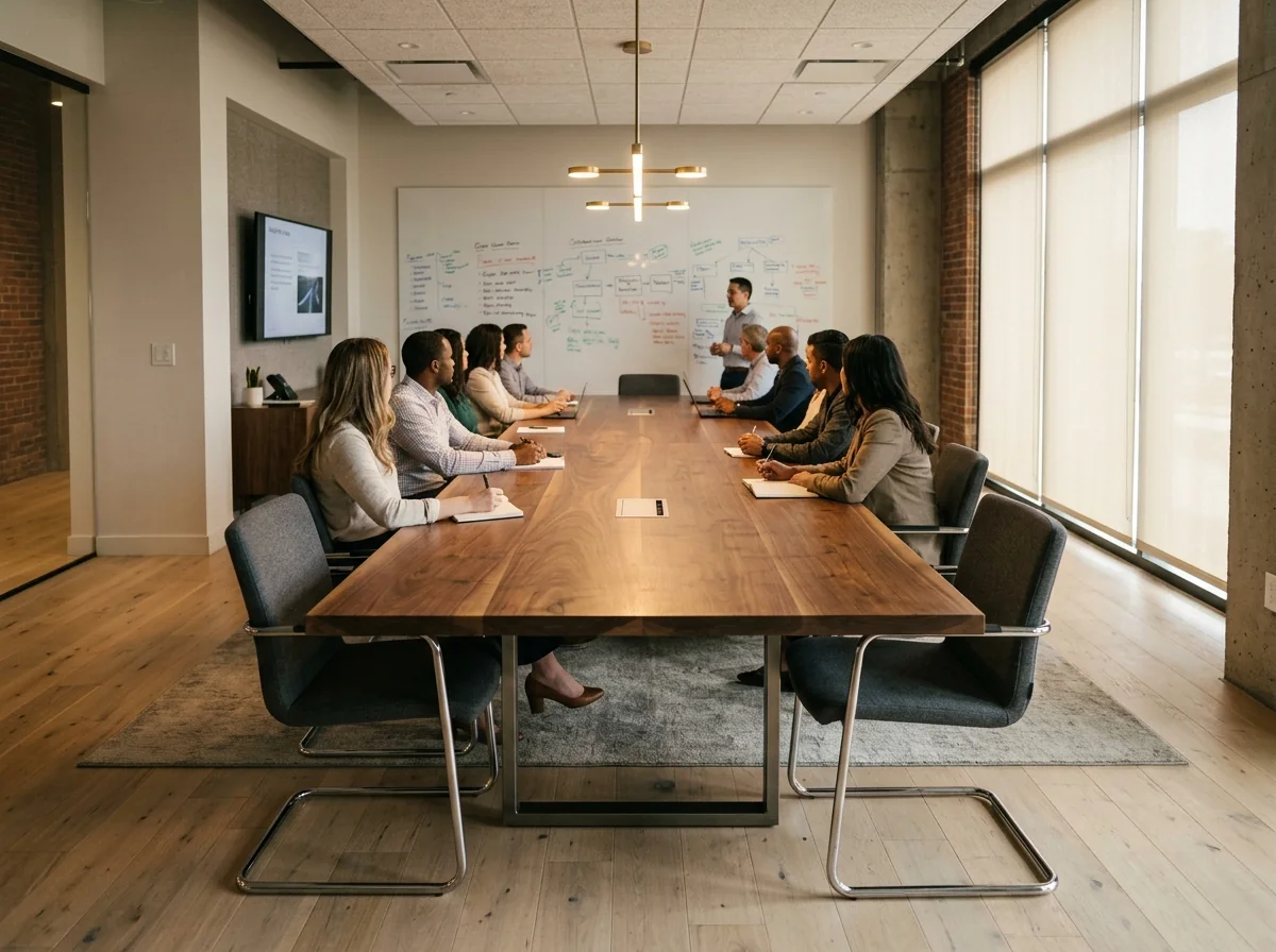 Black Walnut conference table for twelve in a modern training room with collaborative whiteboard — Fargo Woodworks