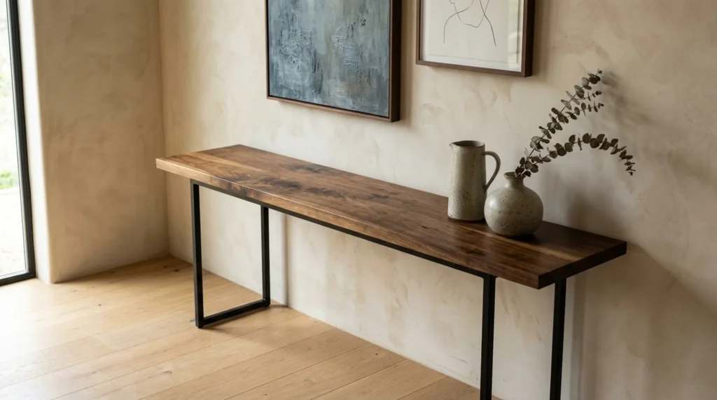 Black Walnut console table against a warm plaster entryway wall — Fargo Woodworks