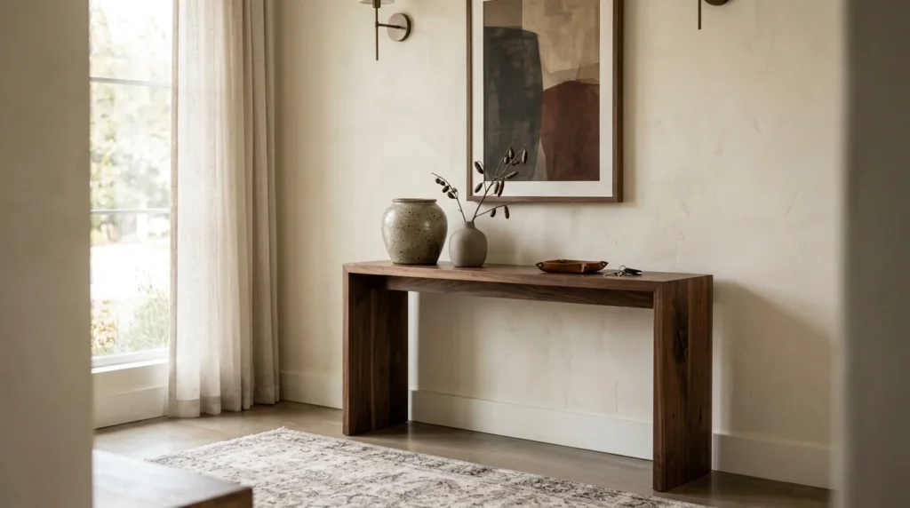 Black Walnut console table at standard height against a warm plaster entryway wall — Fargo Woodworks