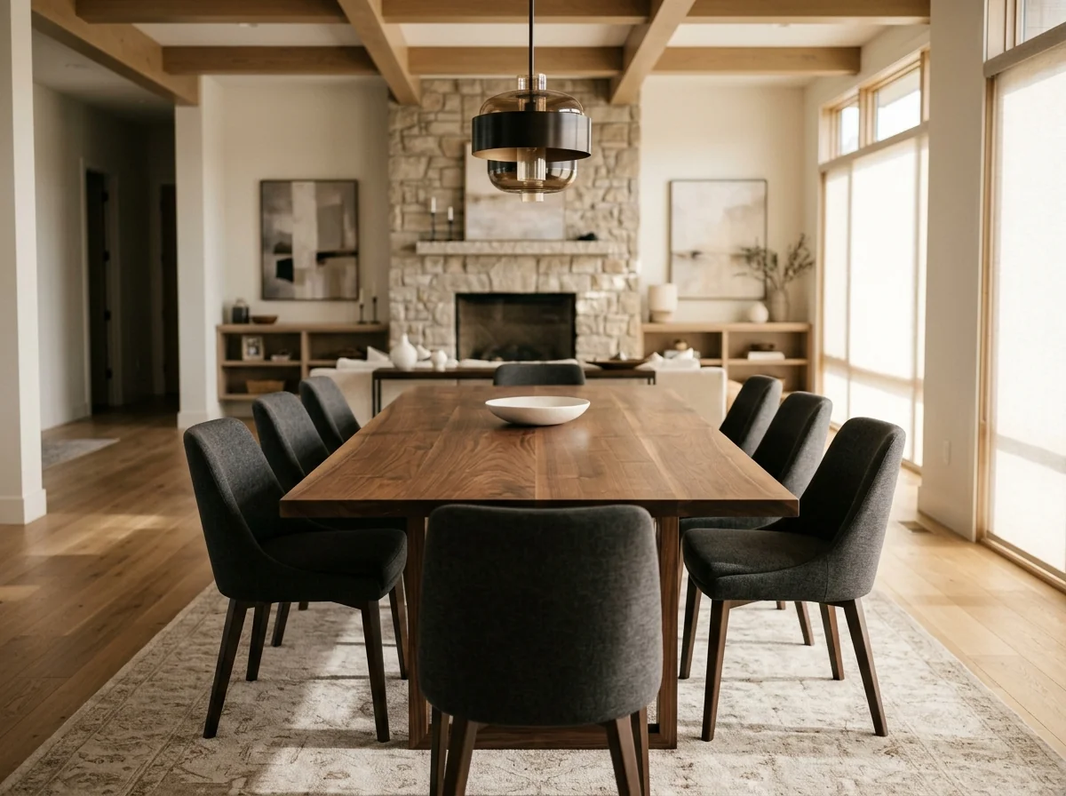 Black Walnut dining table in a contemporary great room with a stone fireplace — Fargo Woodworks