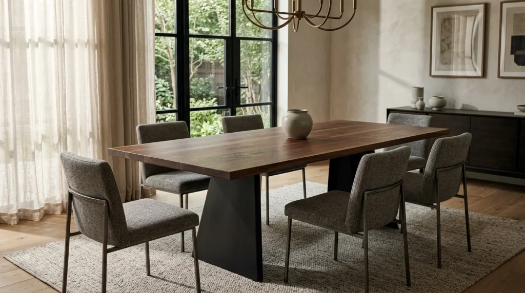 Black Walnut dining table with sculptural blackened-steel base and six upholstered chairs — Fargo Woodworks