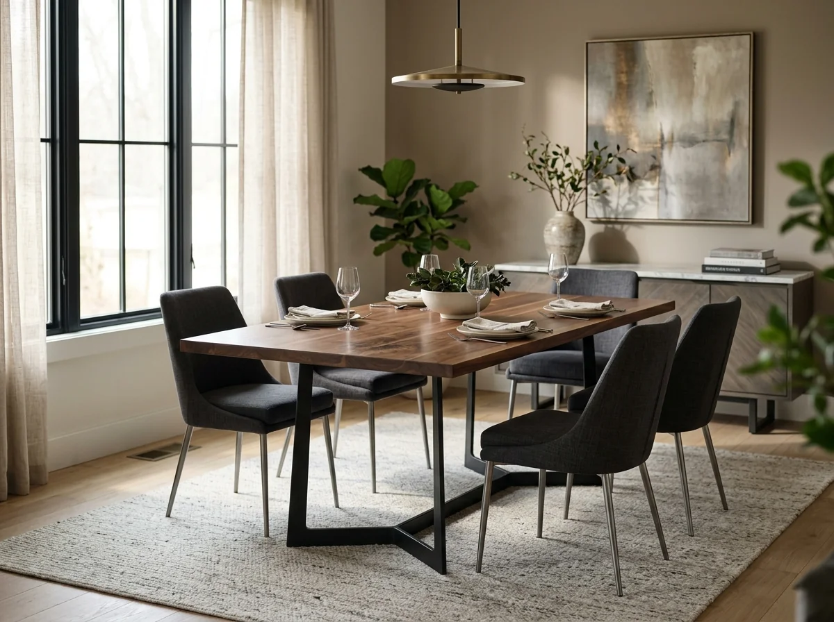 Black Walnut dining table with sculptural blackened-steel base in a contemporary dining room — Fargo Woodworks