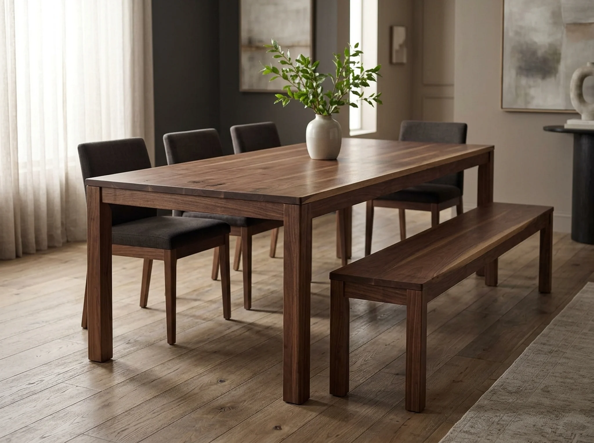 Black Walnut dining table with two benches and four chairs in a refined dining room — Fargo Woodworks