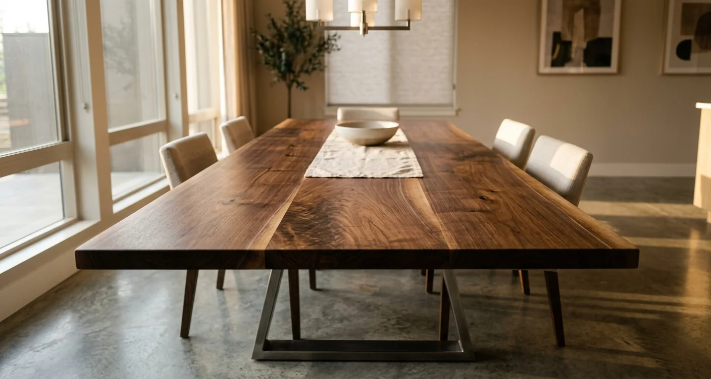 Black Walnut dining tabletop in a sun-filled modern home — Fargo Woodworks