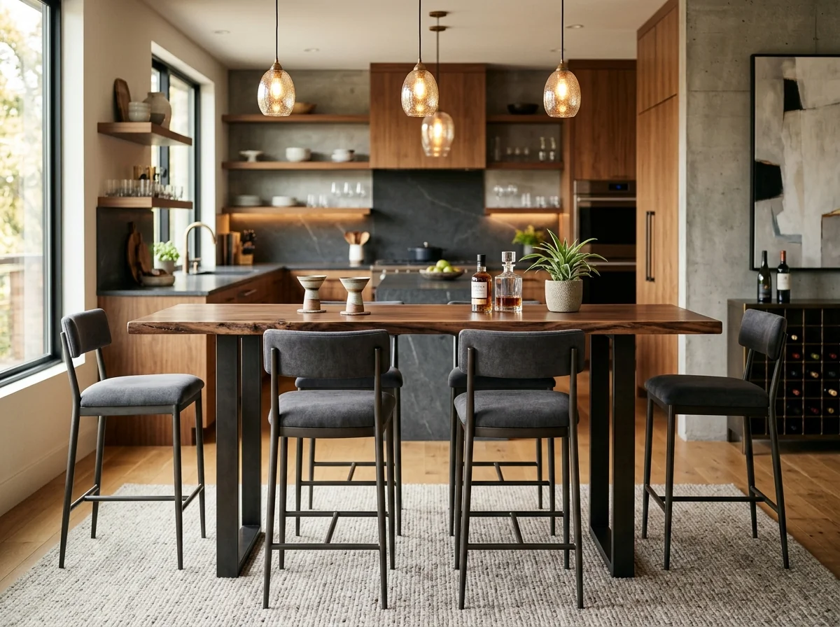 Black Walnut live edge bar-height table with four stools in a modern home bar — Fargo Woodworks
