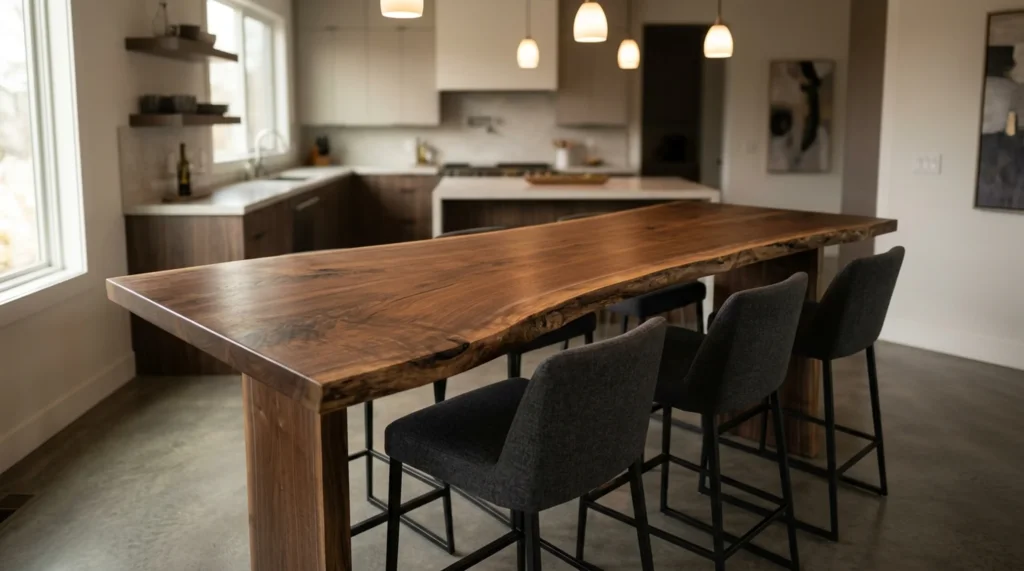 Black Walnut LIVE EDGE bar table with four upholstered bar stools in a modern home bar — Fargo Woodworks