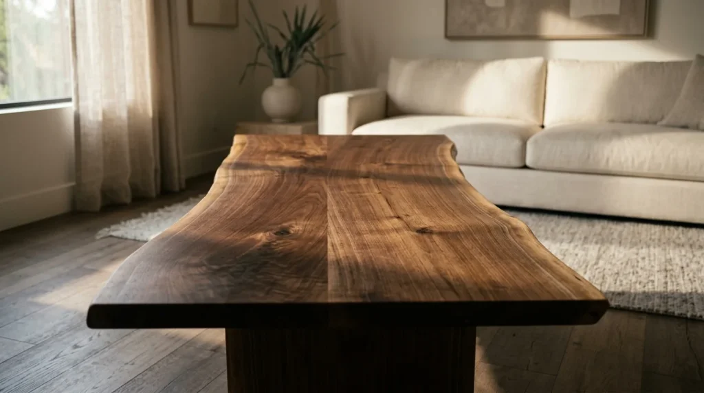 Black Walnut LIVE EDGE coffee table with naturally irregular asymmetric edge in a refined modern living room — Fargo Woodworks