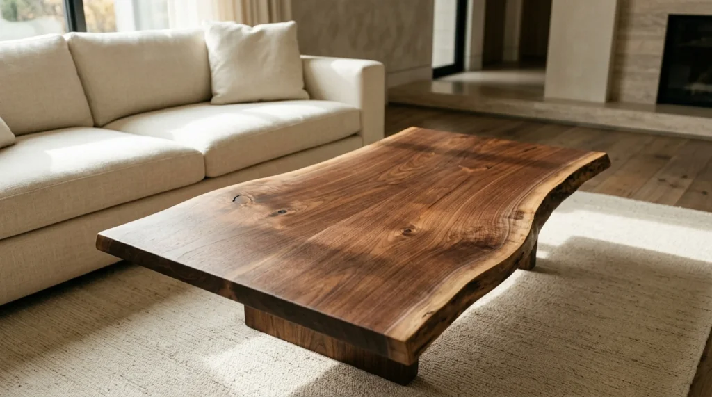 Black Walnut LIVE EDGE coffee table with naturally irregular asymmetric edges in a refined modern living room — Fargo Woodworks
