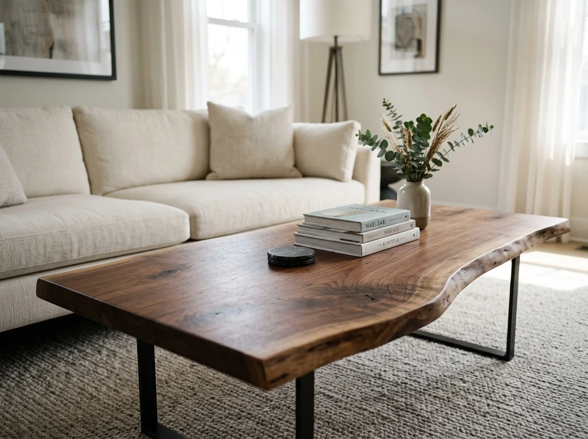 Black Walnut live edge coffee table with naturally irregular edge in a refined modern living room — Fargo Woodworks