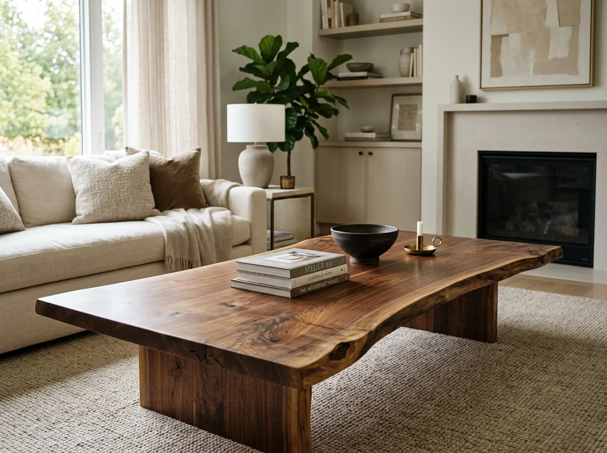 Black Walnut live edge coffee table with undulating edges in refined modern living room — Fargo Woodworks