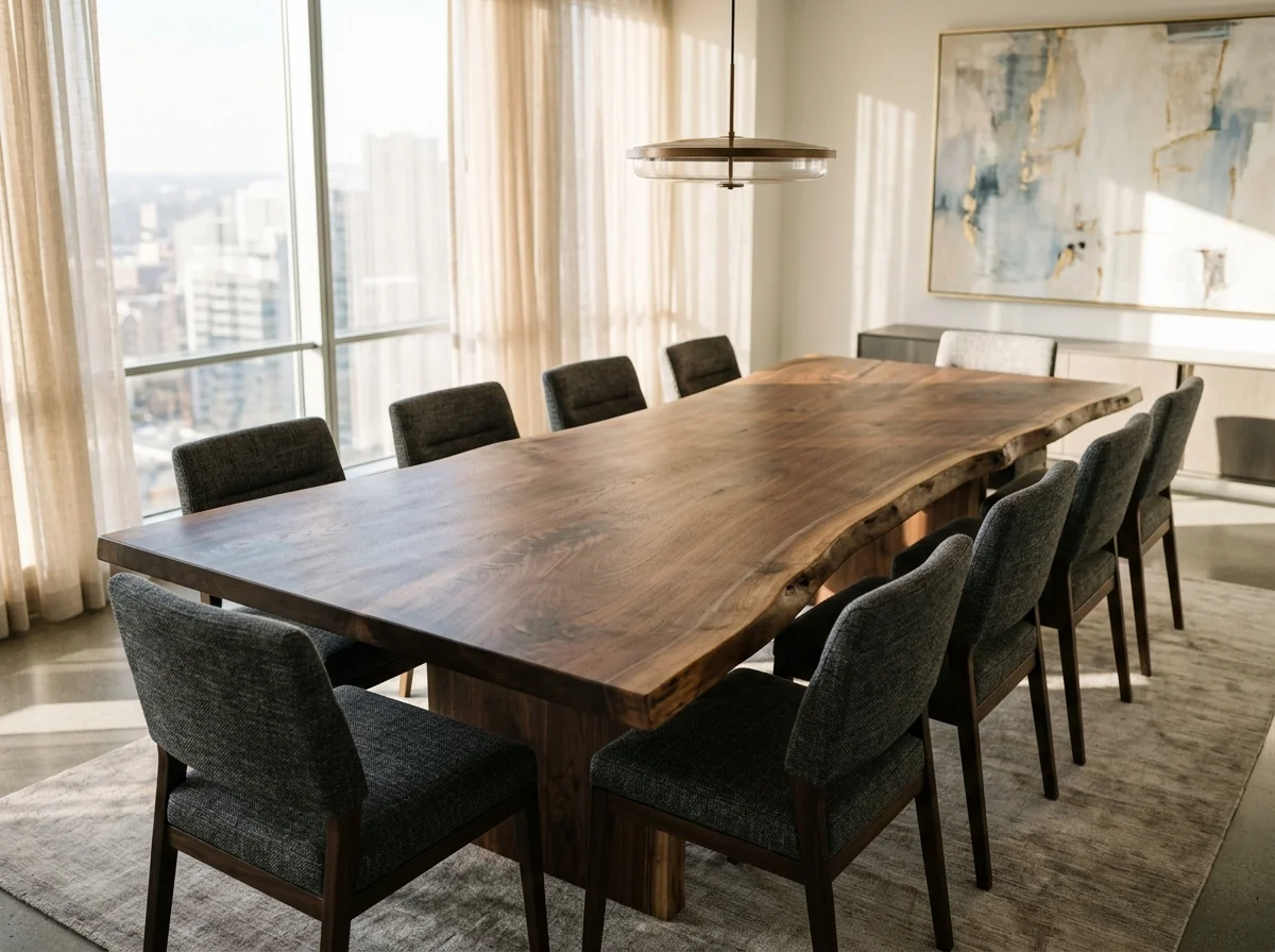 Black Walnut LIVE EDGE conference table for ten in a sun-flooded modern boardroom — Fargo Woodworks