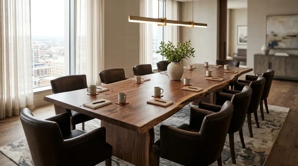 Black Walnut LIVE EDGE conference table for twelve in a refined corporate boardroom — Fargo Woodworks