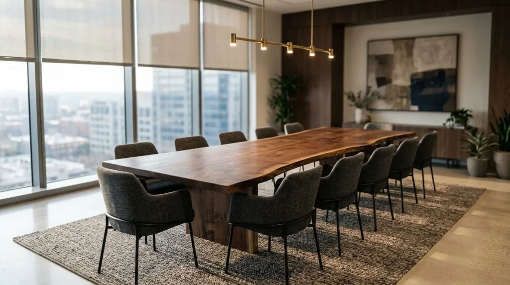 Black Walnut LIVE EDGE conference table for twelve in a sunlit modern boardroom — Fargo Woodworks