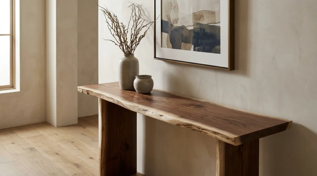 Black Walnut LIVE EDGE console table with naturally irregular asymmetric edges in a refined entryway — Fargo Woodworks