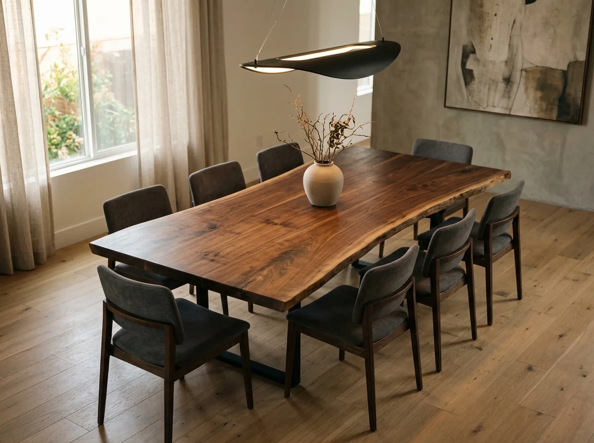 Black Walnut LIVE EDGE dining table in a contemporary dining room with eight modern chairs — Fargo Woodworks