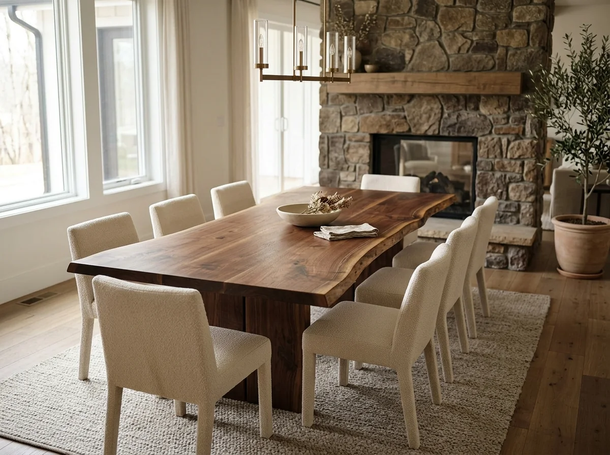 Black Walnut LIVE EDGE dining table for eight in a great room with stone fireplace — Fargo Woodworks