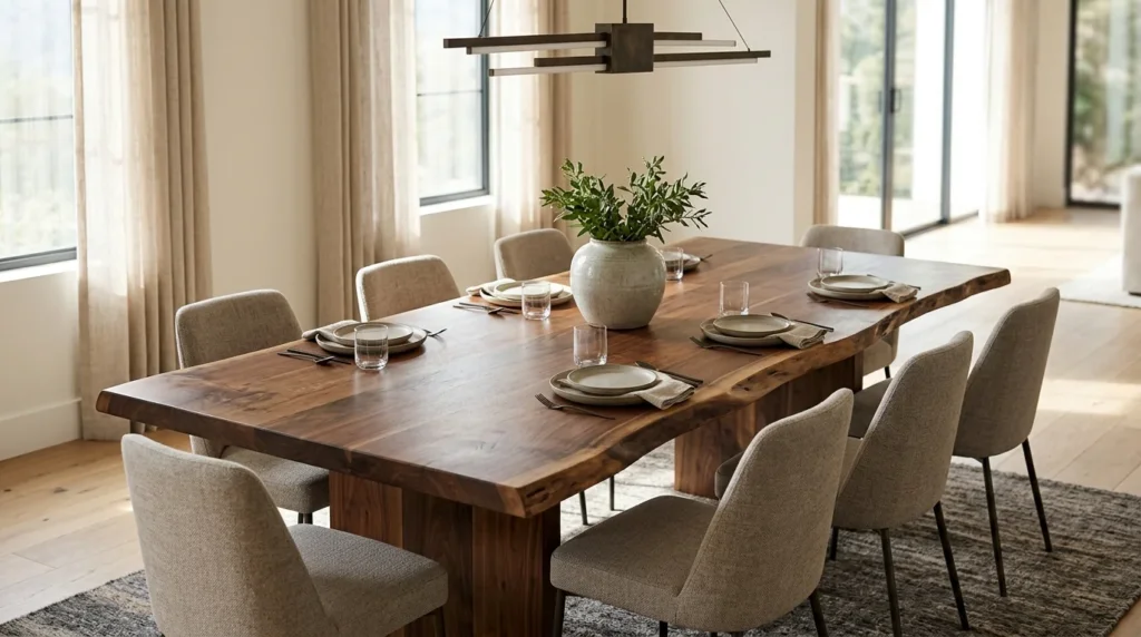 Black Walnut LIVE EDGE dining table for eight in a sun-filled modern dining room — Fargo Woodworks
