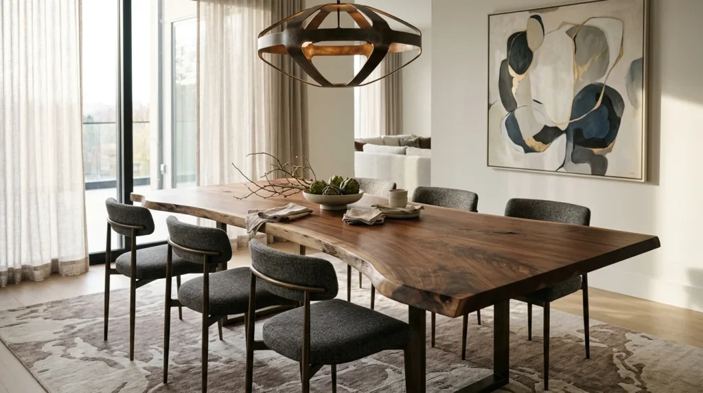 Black Walnut LIVE EDGE dining table with naturally irregular asymmetric edges in a contemporary dining room — Fargo Woodworks