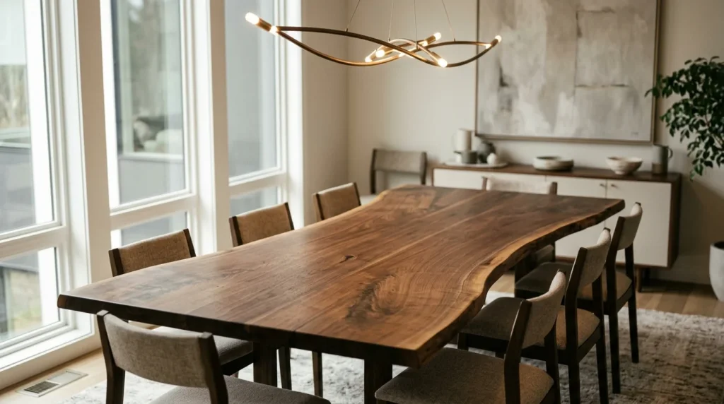 Black Walnut live edge dining table with naturally irregular asymmetric edges in a contemporary dining room — Fargo Woodworks