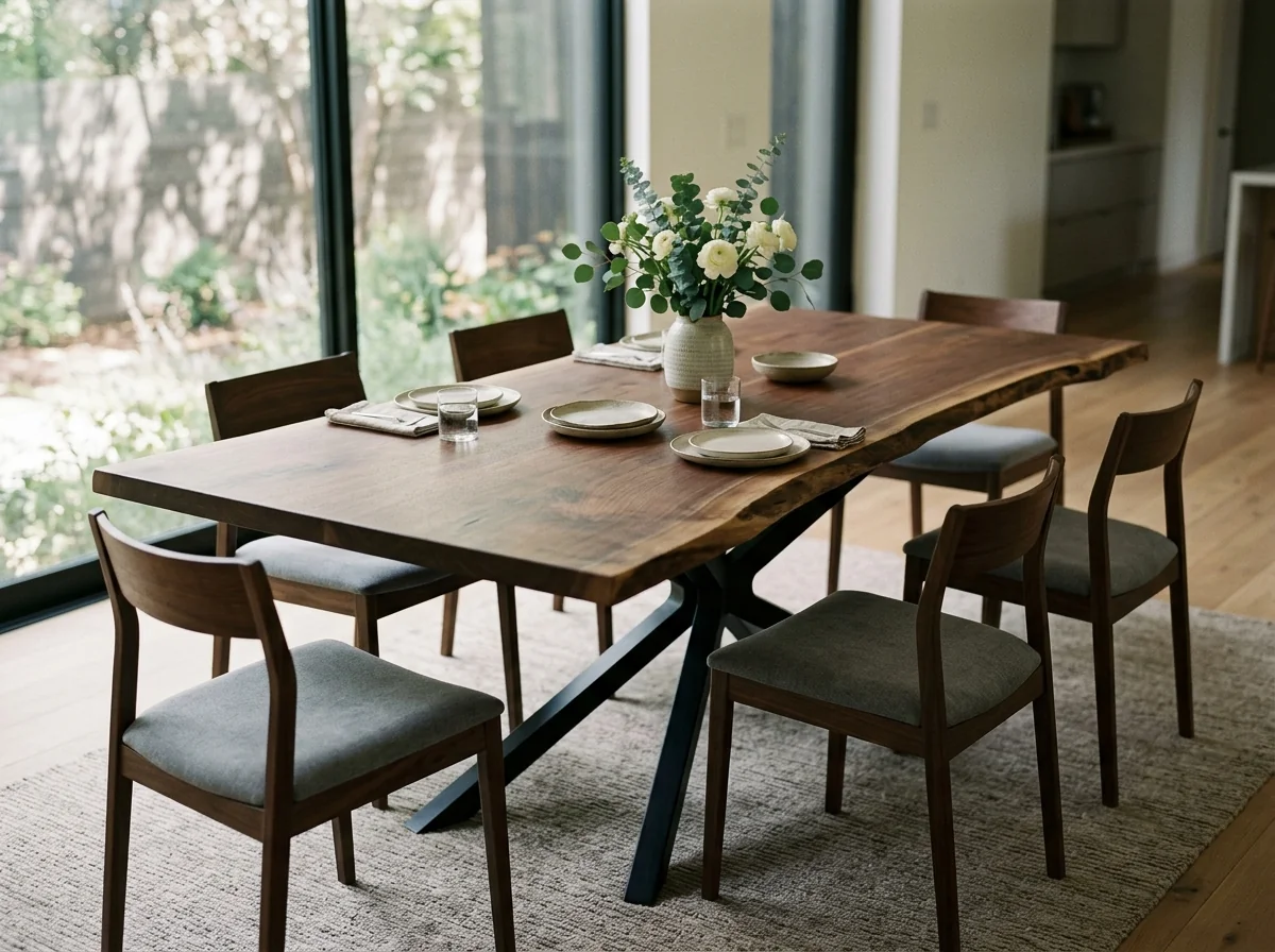 Black Walnut LIVE EDGE dining table with sculptural blackened-steel base — Fargo Woodworks