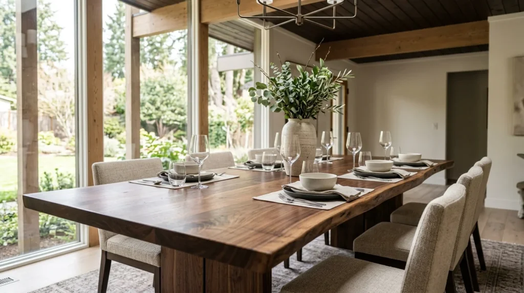 Black Walnut live edge dining table set for six in a contemporary dining room — Fargo Woodworks