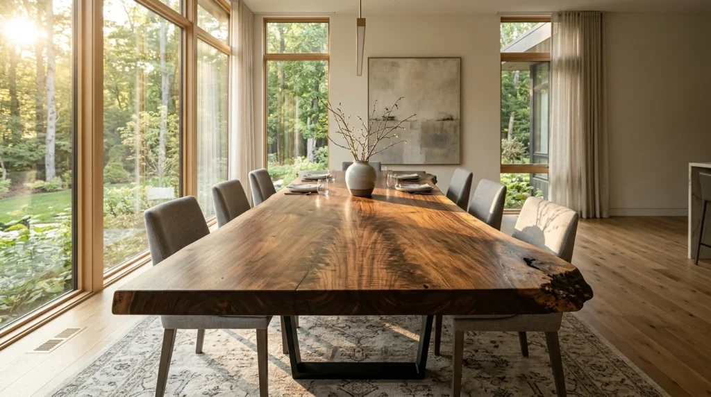 Black Walnut live-edge dining table in a sun-filled modern home — Fargo Woodworks