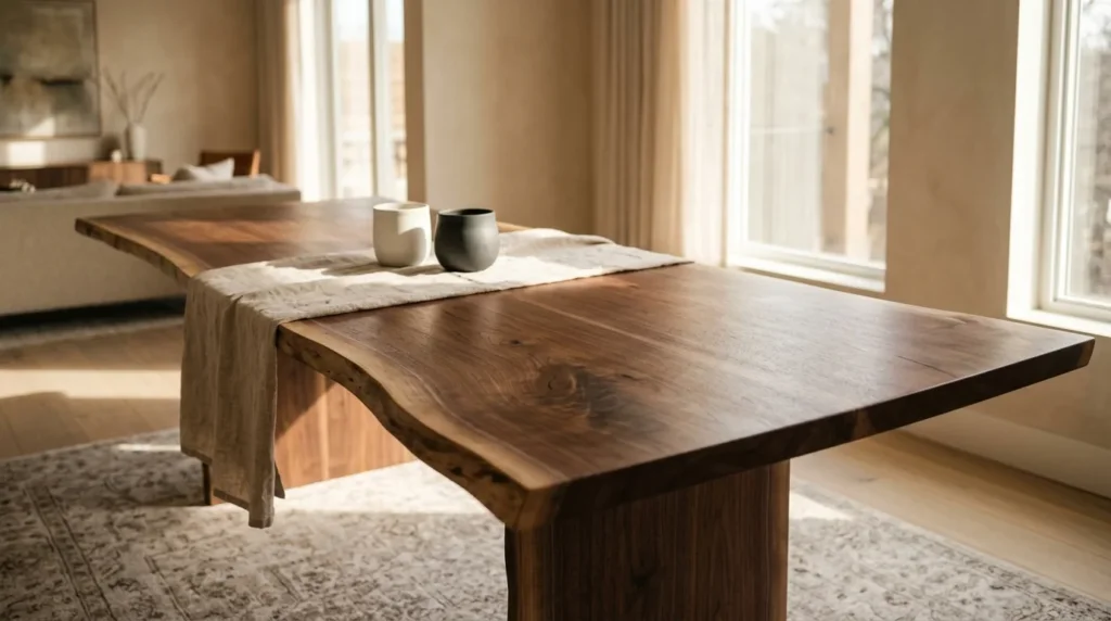 Black Walnut live edge dining table in a sun-flooded modern living-dining room — Fargo Woodworks