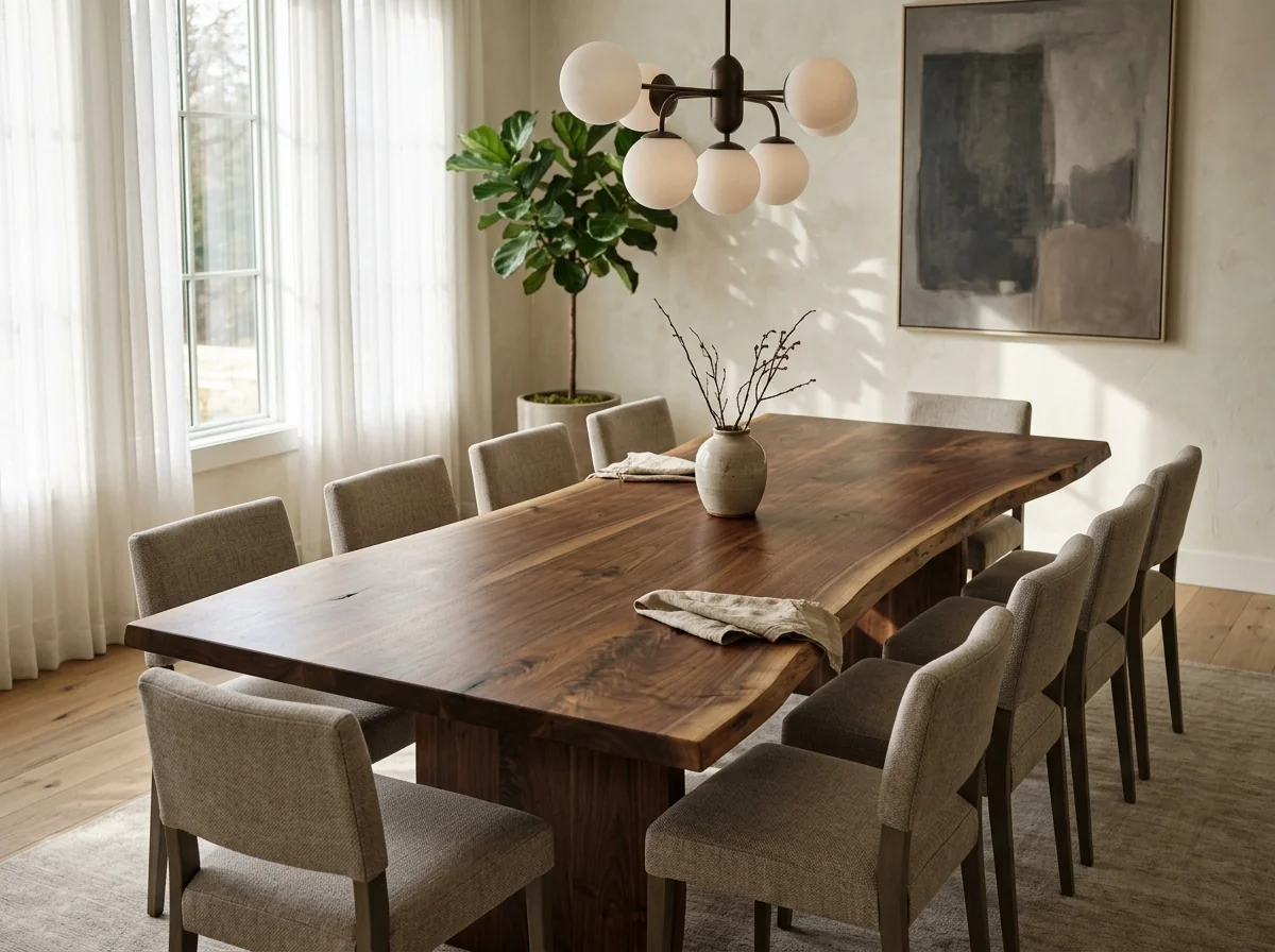 Black Walnut LIVE EDGE dining table for ten with naturally irregular edges in a sunlit modern dining room — Fargo Woodworks