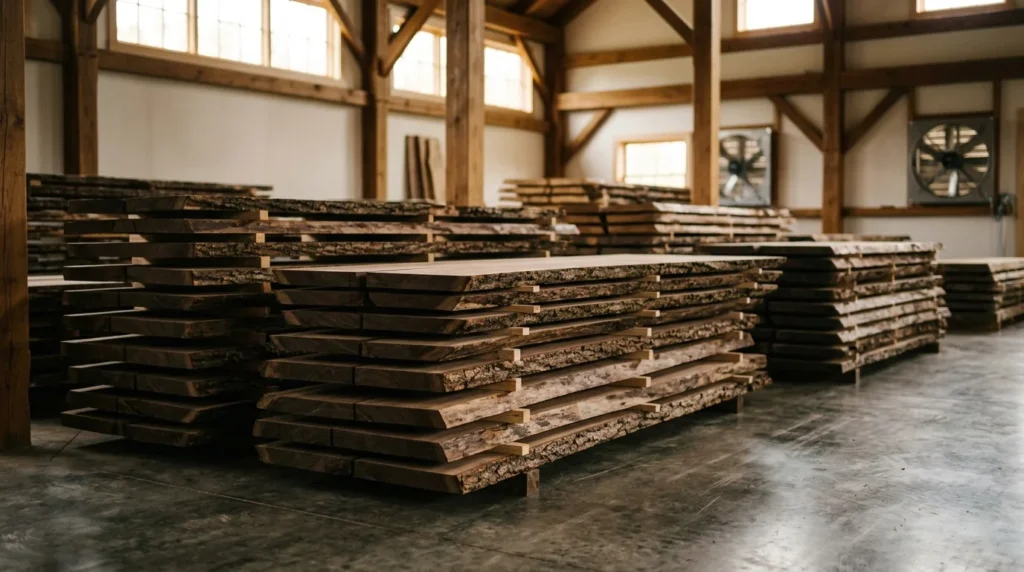 Black Walnut live edge slabs stacked horizontally with stickers between layers in a high-end air-drying barn — Fargo Woodworks