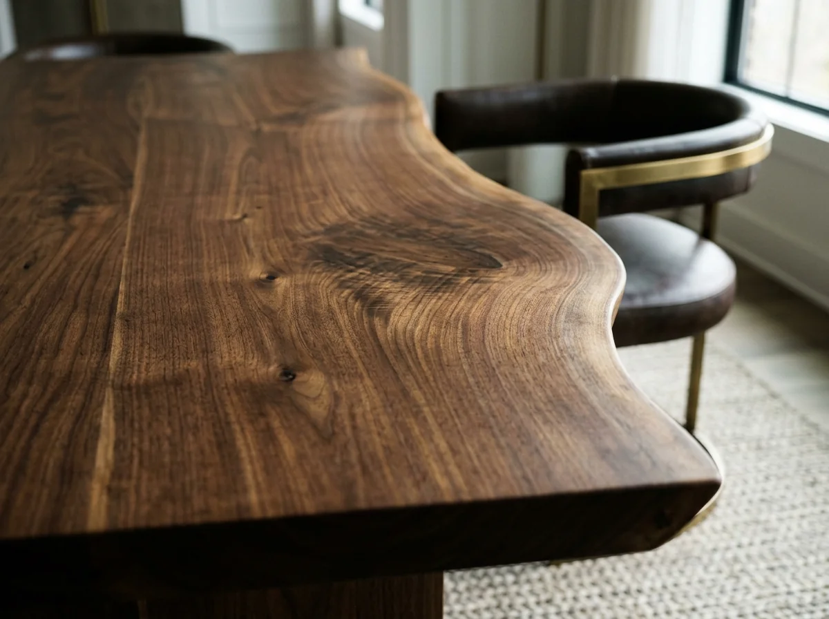 Black Walnut live edge wood grain detail with sanded smooth natural-shape edge — Fargo Woodworks