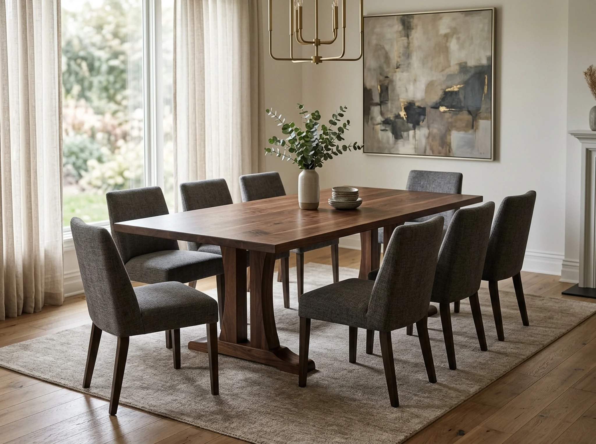 Black Walnut rectangular dining table with twin sculptural wood pedestal bases — Fargo Woodworks