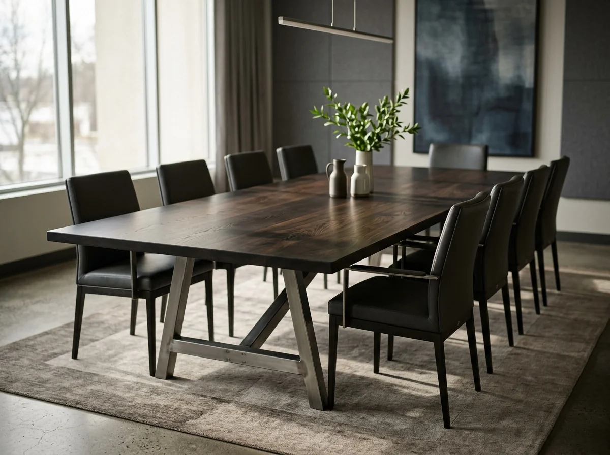 Black Walnut Rubio Black conference table for ten with brushed steel A-frame base — Fargo Woodworks